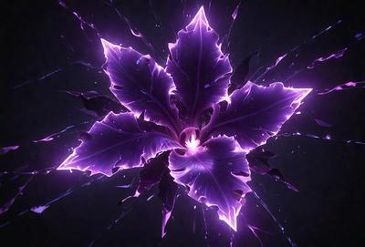 The primary subject of the image is a purple flower with a green center, surrounded by purple leaves. The setting is a dark background, which adds to the overall mood of the image. The visual style is a combination of a photo and digital art, creating a unique and eye-catching display. The dominant colors are purple and green, with the purple flower and leaves being the main focus of the image.