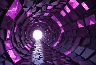 The primary subject of the image is a purple tunnel with a purple light at the end. The tunnel is made of purple rocks, giving it a unique and visually striking appearance. The setting is a dark, enclosed space, with the purple light illuminating the tunnel. The visual style of the image is a combination of photo and digital art, creating a surreal and intriguing atmosphere. The colors and mood of the image are predominantly purple, giving it a mysterious and captivating feel
