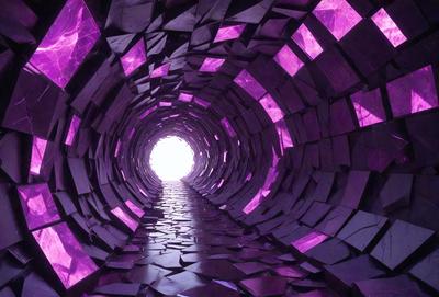 The primary subject of the image is a purple tunnel with a purple light at the end. The tunnel is made of purple rocks, giving it a unique and visually striking appearance. The setting is a dark, enclosed space, with the purple light illuminating the tunnel. The visual style of the image is a combination of photo and digital art, creating a surreal and intriguing atmosphere. The dominant colors in the image are purple and black, giving the scene a moody and mysterious vibe.