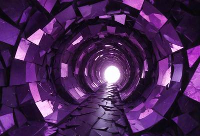 The primary subject of the image is a purple tunnel with a light at the end. The tunnel appears to be made of glass, giving it a unique and artistic appearance. The setting is a dark, enclosed space, and the visual style is a combination of photo and digital art. The dominant colors are purple and black, creating a moody and mysterious atmosphere.