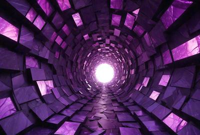 The primary subject of the image is a purple tunnel or passageway. The setting is a dark, purple-lit environment, which gives the scene a mysterious and intriguing atmosphere. The visual style appears to be a combination of digital art and illustration, creating a unique and captivating image. The dominant colors are purple and black, which contribute to the overall mood of the scene.