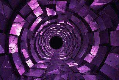 The primary subject of the image is a purple tunnel or tube, which appears to be a part of a larger structure. The setting is a dark room, and the visual style is a combination of digital art and illustration. The dominant colors in the image are purple and black, creating a moody and mysterious atmosphere.
