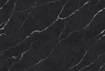 The primary subject of the image is a black marble countertop. The setting is a kitchen, with the countertop being the main focus of the scene. The visual style is a close-up of the marble countertop, showcasing its texture and pattern. The colors and mood of the image are predominantly dark, with the black marble countertop being the main source of contrast.