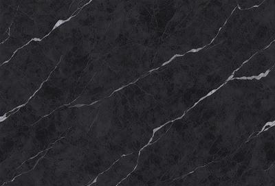 The primary subject of the image is a black marble countertop. The setting is a kitchen, with the countertop being the main focus of the scene. The visual style is a close-up of the marble countertop, showcasing its texture and details. The colors and mood of the image are predominantly dark, with the black marble countertop being the main source of contrast and visual interest.