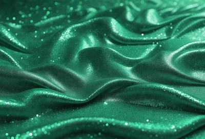 The primary subject of the image is a green fabric with a shiny texture, possibly a sequin or glitter material. The setting is a close-up view of the fabric, showcasing its unique appearance. The visual style is a detailed, up-close representation of the fabric, highlighting its texture and shine. The colors and mood of the image are predominantly green, with a hint of shine or glitter, creating a visually appealing and eye-catching scene.