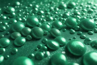 The primary subject of the image is a close-up of a green surface with numerous small green bubbles or droplets scattered across it. The setting appears to be a green background, possibly a pattern or texture. The visual style of the image is a close-up, which emphasizes the details of the bubbles. The colors and mood of the image are predominantly green, creating a calm and soothing atmosphere.