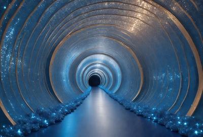 The primary subject of the image is a long, blue tunnel with a blue light illuminating it. The setting is a dark room, and the visual style appears to be a digital art or illustration. The dominant colors are blue and purple, creating a calm and serene atmosphere.