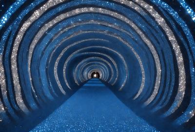 The primary subject of the image is a blue tunnel with a blue carpeted floor. The setting is a tunnel with a blue carpeted floor, and the visual style is a photo. The dominant colors are blue, and the overall atmosphere is calm and serene.