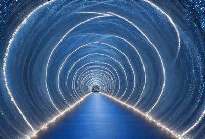 The primary subject of the image is a long, blue tunnel with a lighted pathway. The setting is an underground tunnel, and the visual style is a photo. The dominant colors are blue and white, creating a calm and serene atmosphere.