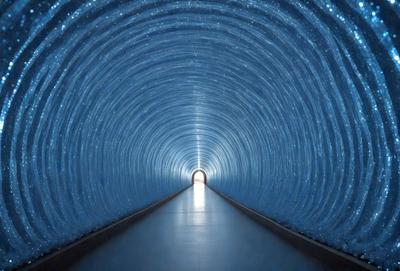 The primary subject of the image is a long, narrow, and brightly lit tunnel. The tunnel is illuminated by a blue light, creating a unique atmosphere. The setting is an underground passage, and the visual style is a combination of a photo and digital art. The dominant colors are blue and white, giving the scene a futuristic and modern feel.