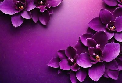 The primary subject of the image is a close-up of purple flowers. The setting is a purple background, which creates a visually striking contrast with the flowers. The visual style is a combination of photo and digital art, as the flowers are depicted in a detailed and realistic manner. The colors and mood of the image are predominantly purple, giving it a calm and serene atmosphere.
