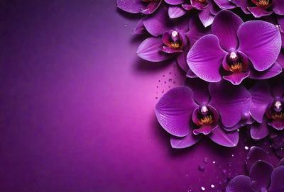 The primary subject of the image is a close-up of purple orchids. The setting is a purple background, which adds a vibrant and elegant touch to the scene. The visual style is a combination of photo and digital art, creating a realistic yet artistic representation of the orchids. The colors and mood of the image are predominantly purple, which evokes a sense of calmness and beauty.
