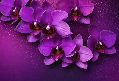 Purple orchids are the primary subject of the image. They are displayed in a purple background, creating a visually appealing contrast. The orchids are arranged in a pattern, with some of them being larger and more prominent than others. The overall atmosphere of the image is serene and elegant, with the purple orchids being the main focus of the scene.