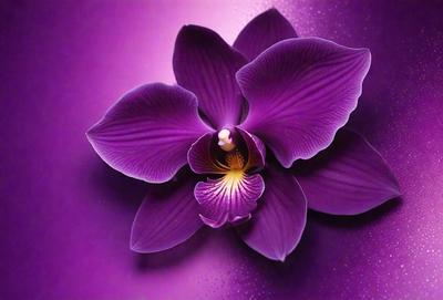 The primary subject of the image is a purple flower with a yellow center. The flower is surrounded by a purple background, which adds to the overall mood of the image. The visual style of the image is a close-up of the flower, showcasing its details and beauty. The colors and mood of the image are predominantly purple and calming, creating a serene and peaceful atmosphere.