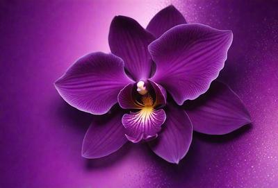 The primary subject of the image is a purple flower with a yellow center. The flower is surrounded by a purple background, which adds to the overall mood of the image. The visual style of the image is a close-up of the flower, showcasing its details and beauty. The colors and mood of the image are predominantly purple and calming, creating a serene and peaceful atmosphere.