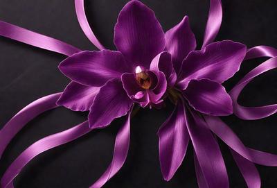 The primary subject of the image is a purple orchid flower. The setting is a dark background, which contrasts with the vibrant purple color of the flower. The visual style is a close-up of the flower, showcasing its details. The colors and mood of the image are predominantly purple, creating a serene and elegant atmosphere.