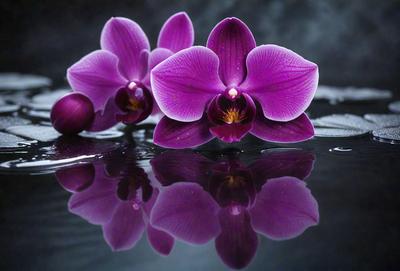 The primary subject of the image is a group of purple orchids. They are placed in a pond, surrounded by water. The setting is a natural environment, with the orchids reflecting in the water, creating a serene and calming atmosphere. The visual style of the image is a photo, capturing the beauty of the orchids in their natural habitat. The colors and mood of the image are predominantly purple, which adds to the overall sense of tranquility and harmony with nature.