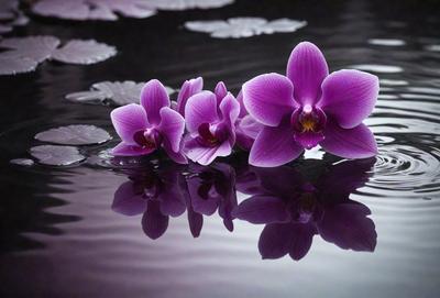 The primary subject of the image is a group of purple orchids floating on the surface of a body of water. The setting is a calm and serene environment, with the orchids reflecting in the water, creating a visually appealing scene. The visual style of the image is a close-up of the orchids, showcasing their beauty and details. The colors and mood of the image are predominantly purple, creating a sense of tranquility and elegance.