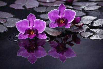 The primary subject of the image is a pair of purple orchids floating on a body of water, possibly a pond or a lake. The setting is a serene environment with water and lily pads surrounding the orchids. The visual style of the image is a close-up of the orchids, showcasing their beauty and details. The colors and mood of the image are predominantly purple, creating a calm and peaceful atmosphere.