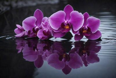 The primary subject of the image is a bouquet of purple orchids floating on a body of water. The setting is a calm and serene environment, with the orchids reflecting in the water, creating a beautiful and peaceful scene. The visual style is a close-up of the orchids, showcasing their delicate petals and intricate details. The colors and mood of the image are predominantly purple, which adds a sense of tranquility and elegance to the scene.