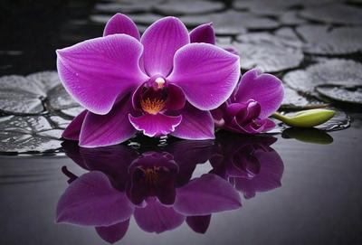 The primary subject of the image is a purple orchid flower. The setting is a body of water, possibly a pond or a lake, with a rocky surface. The visual style is a close-up of the flower, showcasing its beauty and details. The dominant colors are purple and green, creating a serene and calming atmosphere.