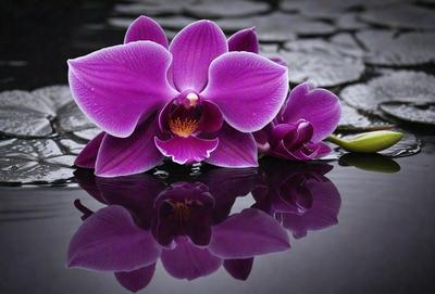 The primary subject of the image is a bouquet of purple orchids. The orchids are placed in a vase and are surrounded by water. The setting is a pond, and the visual style is a photo. The dominant colors in the image are purple and green, creating a serene and calming atmosphere.