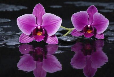 The primary subject of the image is a pair of purple orchids, which are the main objects in the scene. The setting is a pond, with the orchids floating on the water. The visual style of the image is a photo, capturing the beauty of the orchids in their natural environment. The colors and mood of the image are predominantly purple, creating a serene and calming atmosphere.