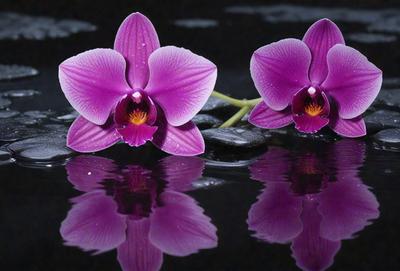 The primary subject of the image is a pair of purple orchids, which are the main objects in the scene. The setting is a pond, with the orchids floating on the water. The visual style of the image is a photo, capturing the beauty of the orchids in their natural environment. The colors and mood of the image are predominantly purple, creating a serene and calming atmosphere.
