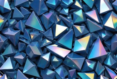 The primary subject of the image is a large pile of blue and purple triangular crystals. The setting is a blue background, which creates a striking contrast with the vibrant colors of the crystals. The visual style is a close-up of the crystals, showcasing their unique shapes and textures. The colors and mood of the image are predominantly blue and purple, giving it a calming and serene atmosphere.