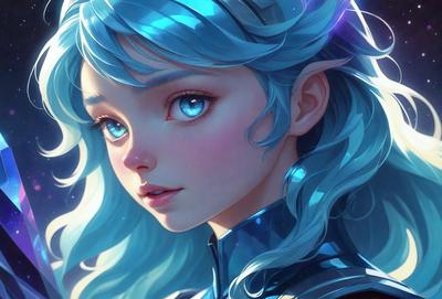 The primary subject of the image is a woman with blue hair, wearing a blue and white outfit. She has a pink lipstick on and is looking at the camera. The setting is a fantasy-themed environment, with a blue background and a purple sky. The visual style is a digital art, illustration, or drawing, creating a vibrant and colorful scene. The colors and mood of the image are predominantly blue and purple, giving it a dreamy and magical atmosphere.