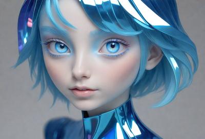 The primary subject of the image is a blue-haired, blue-eyed doll with a silver dress. The setting is a close-up of the doll's face, and the visual style is digital art. The colors and mood of the image are predominantly blue, creating a calm and serene atmosphere.