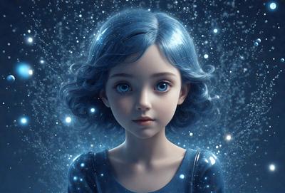 The primary subject of the image is a young girl with blue hair, wearing a blue dress. She is standing in front of a blue background, which adds to the overall mood of the scene. The visual style of the image is digital art, as it appears to be a computer-generated or digitally rendered portrait. The colors and mood of the image are predominantly blue, creating a calm and serene atmosphere.