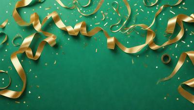The primary subject of the image is a green background with gold and white streamers. The setting is a festive environment, likely for a celebration or event. The visual style is a combination of digital art and illustration, creating a vibrant and lively atmosphere. The dominant colors are green, gold, and white, which contribute to a warm and inviting mood.