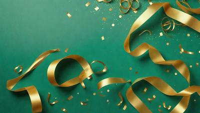The primary subject of the image is a close-up of gold and green streamers, likely representing a celebration or festive event. The setting is a green background, which adds to the festive atmosphere. The visual style appears to be a combination of photo and digital art, creating a realistic yet artistic representation of the streamers. The colors and mood of the image are predominantly gold and green, which are often associated with celebrations and festivities.