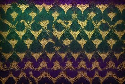 The primary subject of the image is a pattern of gold and green flowers. The setting is a wall with a purple background. The visual style is a combination of digital art and illustration. The dominant colors are gold, green, and purple, creating a warm and vibrant atmosphere.