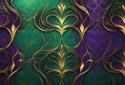 The primary subject of the image is a green and gold wallpaper with a pattern of leaves. The setting is a room with a purple background, which adds a contrasting color to the scene. The visual style is a combination of digital art and illustration, creating a unique and eye-catching design. The dominant colors are green and gold, giving the wallpaper a lush and vibrant appearance.
