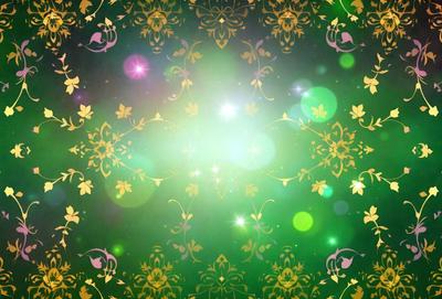 The primary subject of the image is a green and gold patterned background. The setting is a brightly lit environment, possibly a stage or a performance venue. The visual style is a combination of digital art and illustration, creating a vibrant and lively atmosphere. The dominant colors are green and gold, with the green background and gold accents creating a sense of warmth and energy.