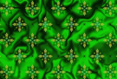 The primary subject of the image is a green leaf pattern, which is the main object, scene, or focus of the image. The setting or background consists of a green fabric, which is the surface visible in the image. The visual style of the image is a combination of a photo and digital art, as it appears to be a close-up of a leaf pattern on a green fabric. The dominant colors in the image are green, and the overall atmosphere is lush and vibrant.