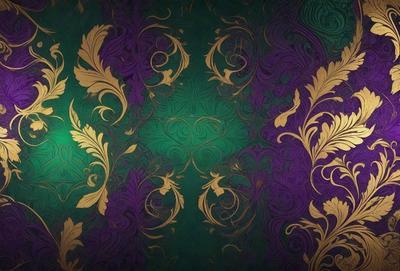 The primary subject of the image is a purple and gold patterned wallpaper. The setting is a room with a green background. The visual style is a combination of digital art and illustration. The dominant colors are purple and gold, creating a rich and luxurious atmosphere.