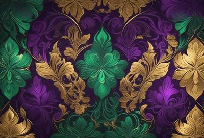 The primary subject of the image is a decorative design featuring a green and gold leaf pattern. The setting is a purple background, which adds a contrasting color to the overall composition. The visual style appears to be a combination of digital art and illustration, creating a unique and eye-catching design. The colors and mood of the image are vibrant and lively, with the green and gold leaf pattern standing out against the purple background.