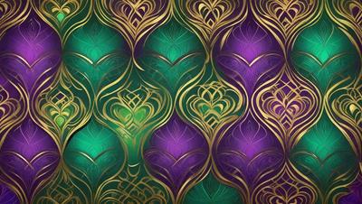 The primary subject of the image is a patterned wallpaper with a gold and purple color scheme. The setting is a room with a green and gold wallpaper, which creates a unique and visually appealing atmosphere. The visual style of the image is a combination of digital art and illustration, showcasing the intricate design of the wallpaper. The dominant colors in the image are gold, purple, and green, which contribute to a warm and inviting mood.