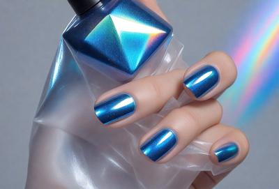 The primary subject of the image is a person's hand holding a bottle of nail polish. The hand is positioned in the foreground, and the bottle is prominently displayed in the background. The setting appears to be indoors, with a focus on the person's hand and the nail polish bottle. The visual style is a close-up of the hand and the bottle, emphasizing the details of the nail polish and the person's hand. The colors in the image