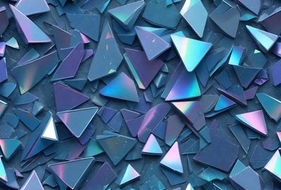 The primary subject of the image is a collection of colorful, shiny, and reflective glass pieces. These glass pieces are arranged in a visually appealing manner, creating a vibrant and lively scene. The setting is a blue background, which adds to the overall atmosphere of the image. The visual style of the image is a combination of photo and digital art, as the glass pieces are captured in a way that highlights their unique colors and reflective properties. The colors and mood of the image are predominantly blue