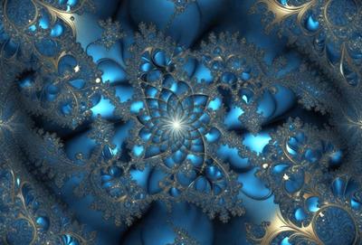 The primary subject of the image is a blue and gold patterned design, which appears to be a digital art or illustration. The setting is a blue background, and the visual style is a combination of digital art and illustration. The colors and mood of the image are predominantly blue and gold, creating a sense of elegance and sophistication.