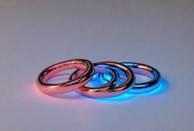 The primary subject of the image is a set of three rings, each with a different color. The rings are placed on a white surface, which serves as the setting or background. The visual style of the image is a close-up of the rings, showcasing their details and colors. The dominant colors in the image are pink, blue, and gold, creating a warm and vibrant atmosphere.