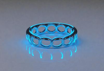 The primary subject of the image is a blue ring with a circular design. The ring is made of metal and has a unique, futuristic appearance. The setting is a white background, which provides a clean and uncluttered environment for the ring to stand out. The visual style of the image is a close-up, showcasing the details of the ring. The colors and mood of the image are predominantly blue, giving it a cool and modern feel.