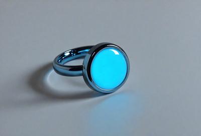The primary subject of the image is a ring with a blue light in the center. The ring is made of metal and has a blue light in the center. The setting is a white surface, which provides a clean and minimalist backdrop for the ring. The visual style is a close-up of the ring, highlighting its unique design and the blue light in the center. The colors and mood of the image are predominantly white and blue, creating a calm and serene atmosphere.