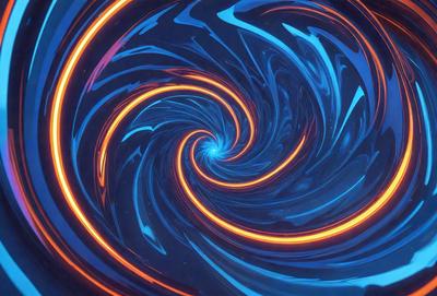 The primary subject of the image is a spiral pattern, which is a blue and orange swirl. The setting is a dark background, and the visual style appears to be a digital art or illustration. The dominant colors in the image are blue and orange, creating a vibrant and dynamic atmosphere.