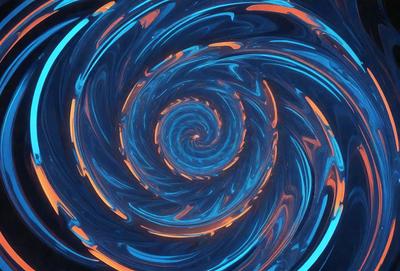 The primary subject of the image is a spiral pattern, which is the main object, scene, or focus of the image. The spiral pattern is set against a blue background, giving it a vibrant and lively appearance. The visual style of the image is digital art, as it is a digital creation rather than a photo or traditional art form. The dominant colors in the image are blue and orange, creating a dynamic and energetic atmosphere.