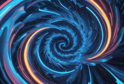 The primary subject of the image is a blue spiral, which appears to be a digital art or illustration. The setting is a dark background, and the visual style is a combination of digital art and illustration. The dominant colors in the image are blue and orange, creating a vibrant and dynamic atmosphere.